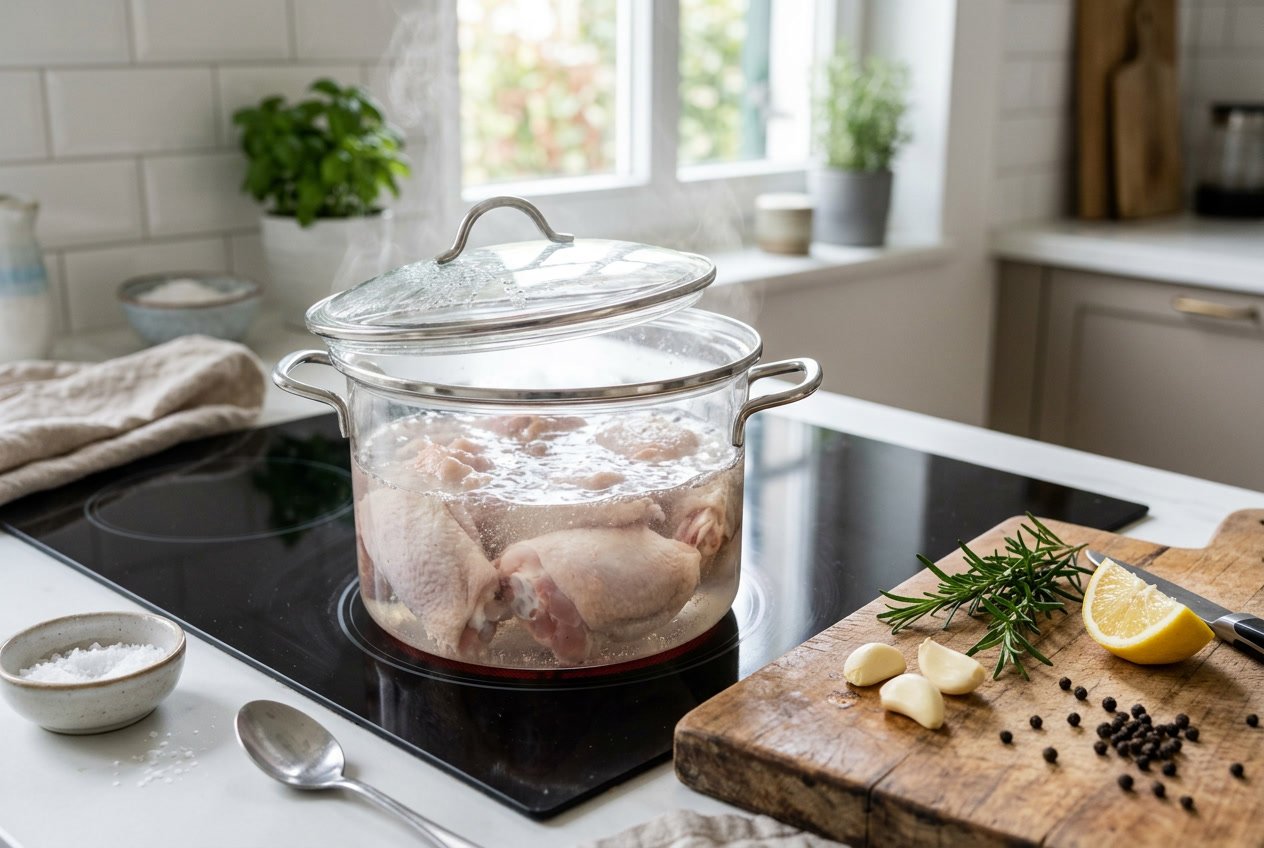 Raw chicken thighs boiling in a pot of water on a kitchen stove with fresh ingredients nearby.