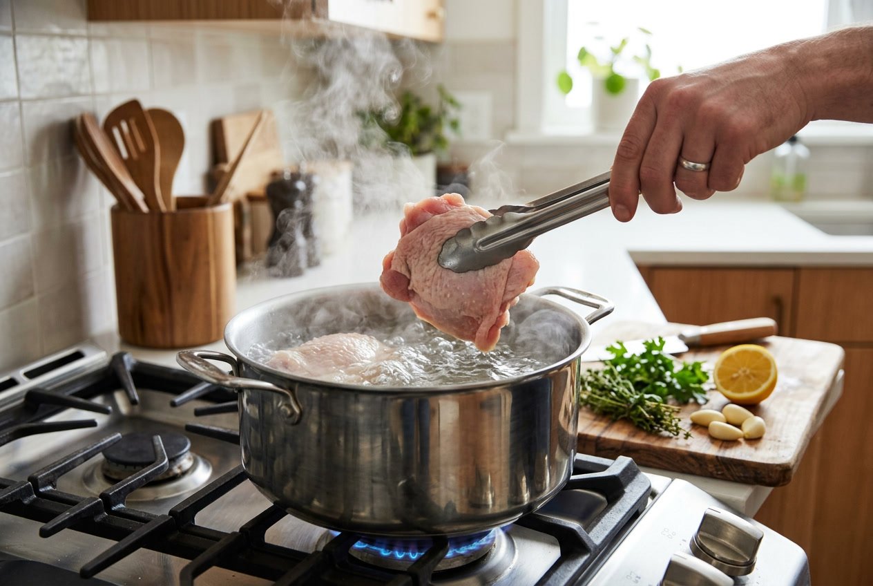 Raw chicken thighs being placed into a pot of boiling water on a kitchen stove with steam rising.