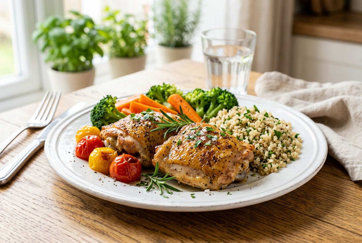 Cooked chicken thighs on a plate with steamed vegetables and grains on a dining table.