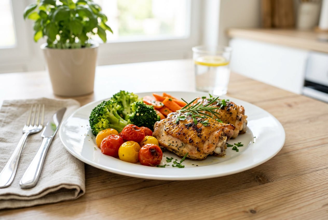 A plate with cooked chicken thighs garnished with herbs and served with fresh vegetables on a dining table.
