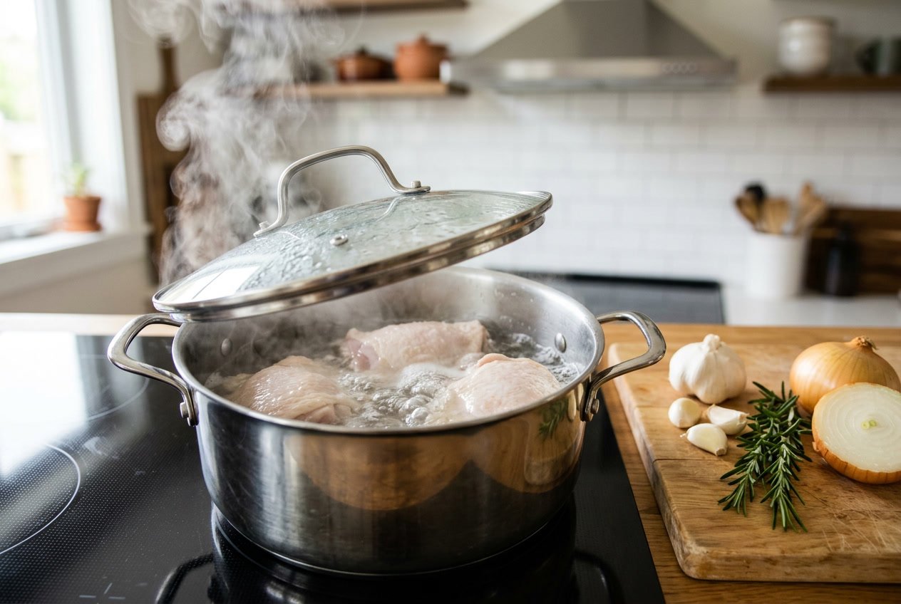 A pot of chicken thighs boiling on a stovetop with fresh herbs and garlic on the countertop nearby.