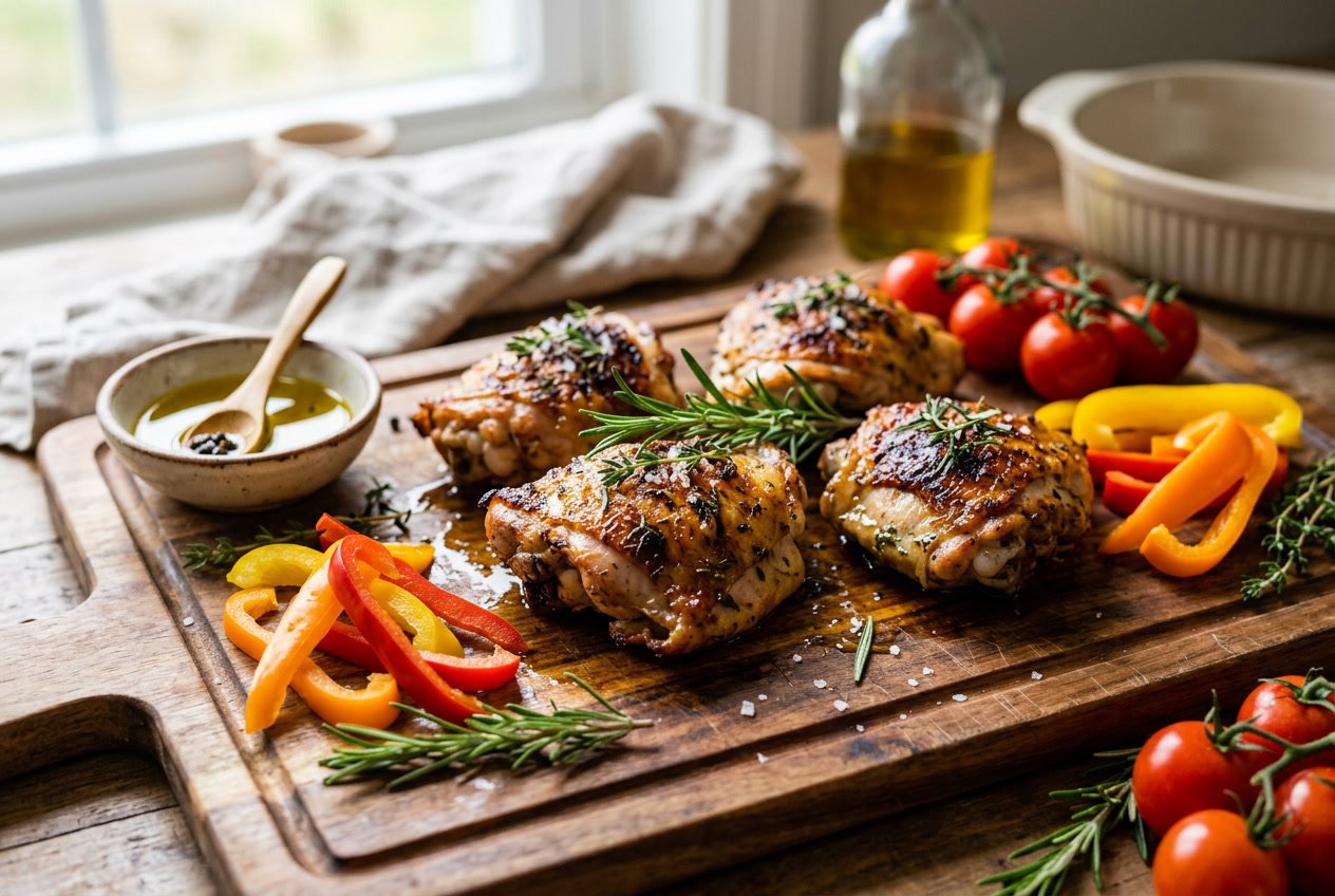 Close-up of cooked chicken thighs on a wooden cutting board with fresh vegetables and herbs around them.