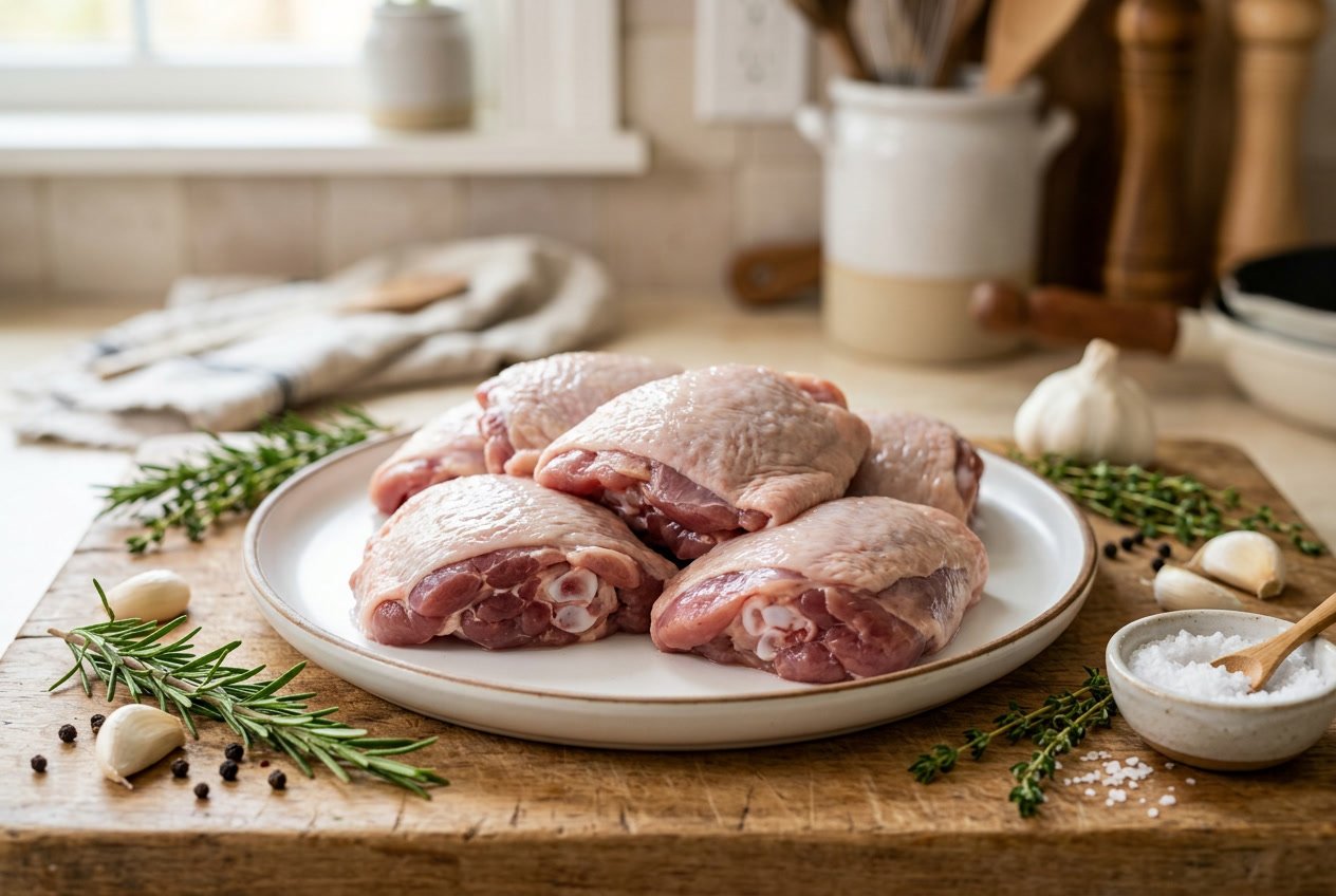 Close-up of raw chicken thighs on a white plate with herbs and garlic around them.