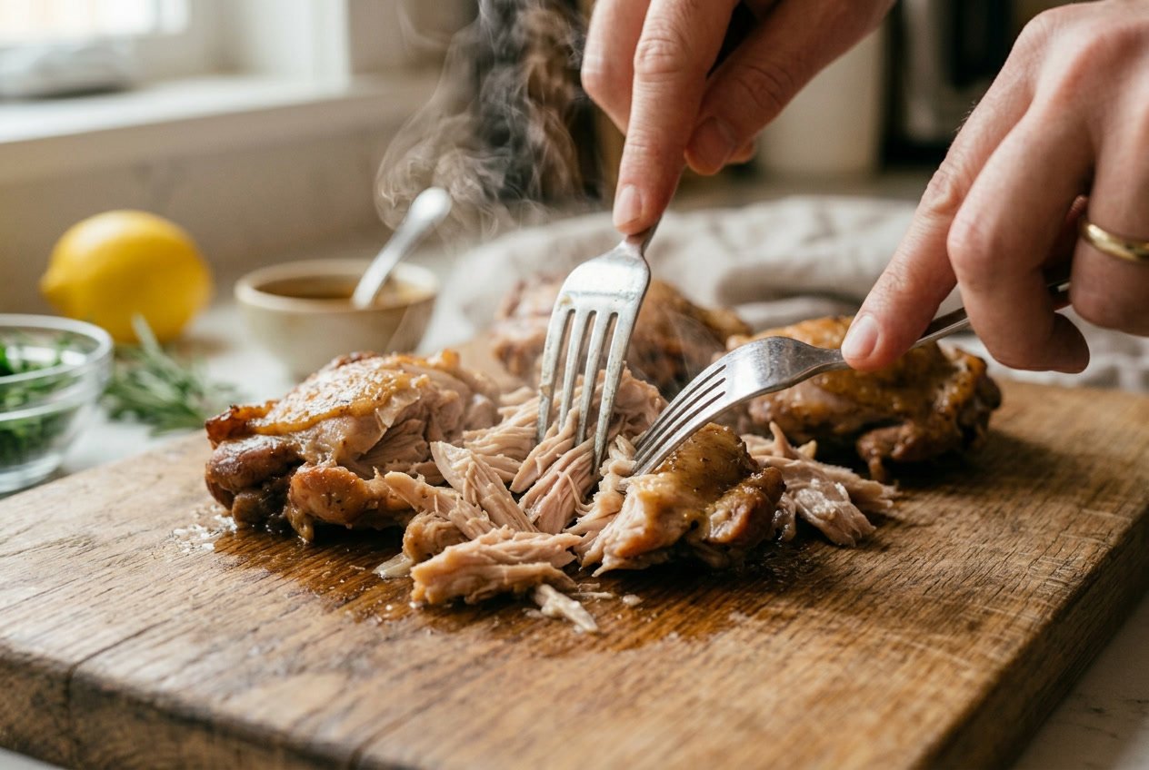 Hands shredding cooked chicken thighs with two forks on a wooden cutting board in a kitchen.