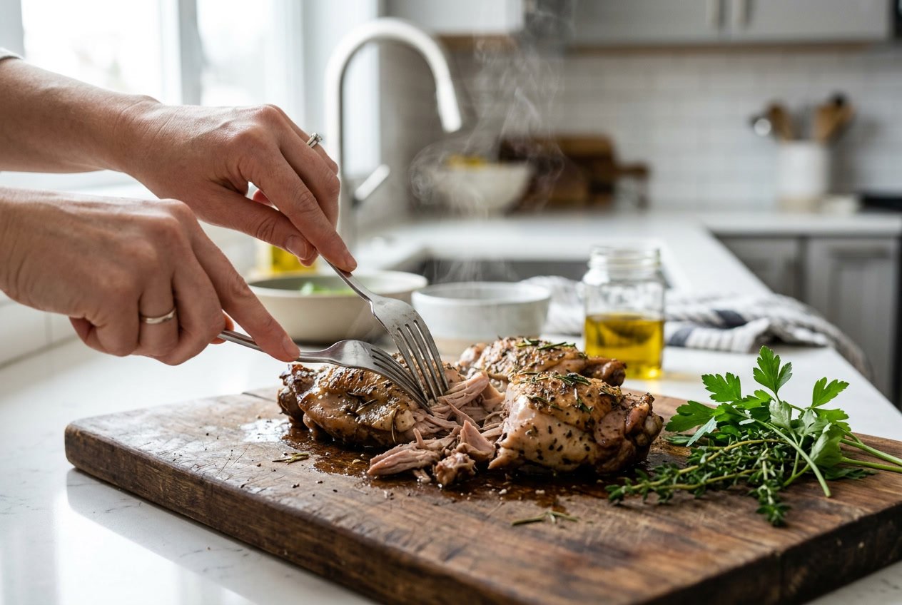 Hands shredding cooked chicken thighs with forks on a wooden cutting board in a kitchen setting.