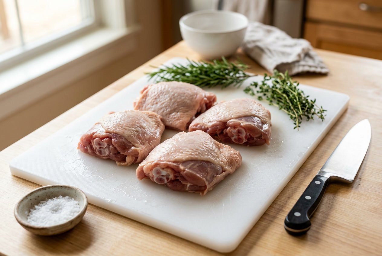 Raw chicken thighs on a cutting board with herbs and a knife in a bright kitchen.
