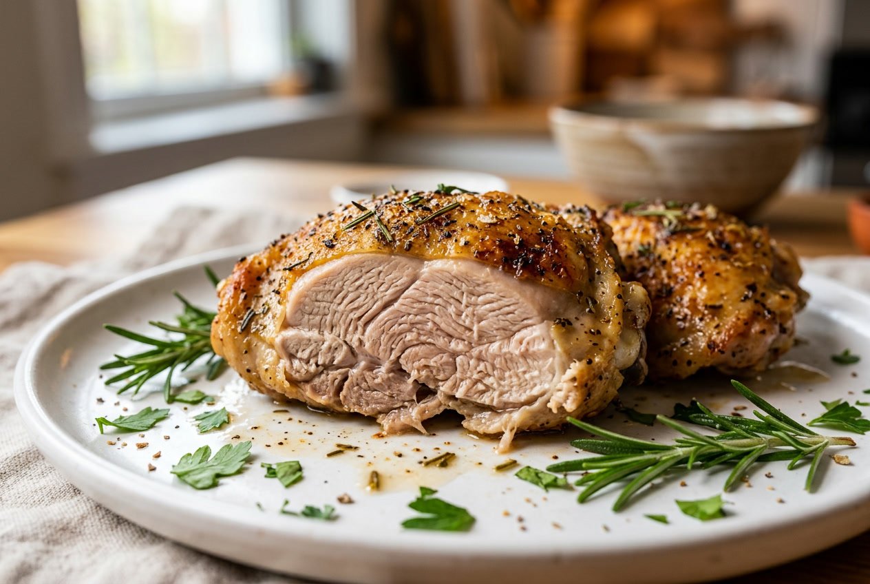 Close-up of cooked chicken thighs on a white plate garnished with fresh herbs.