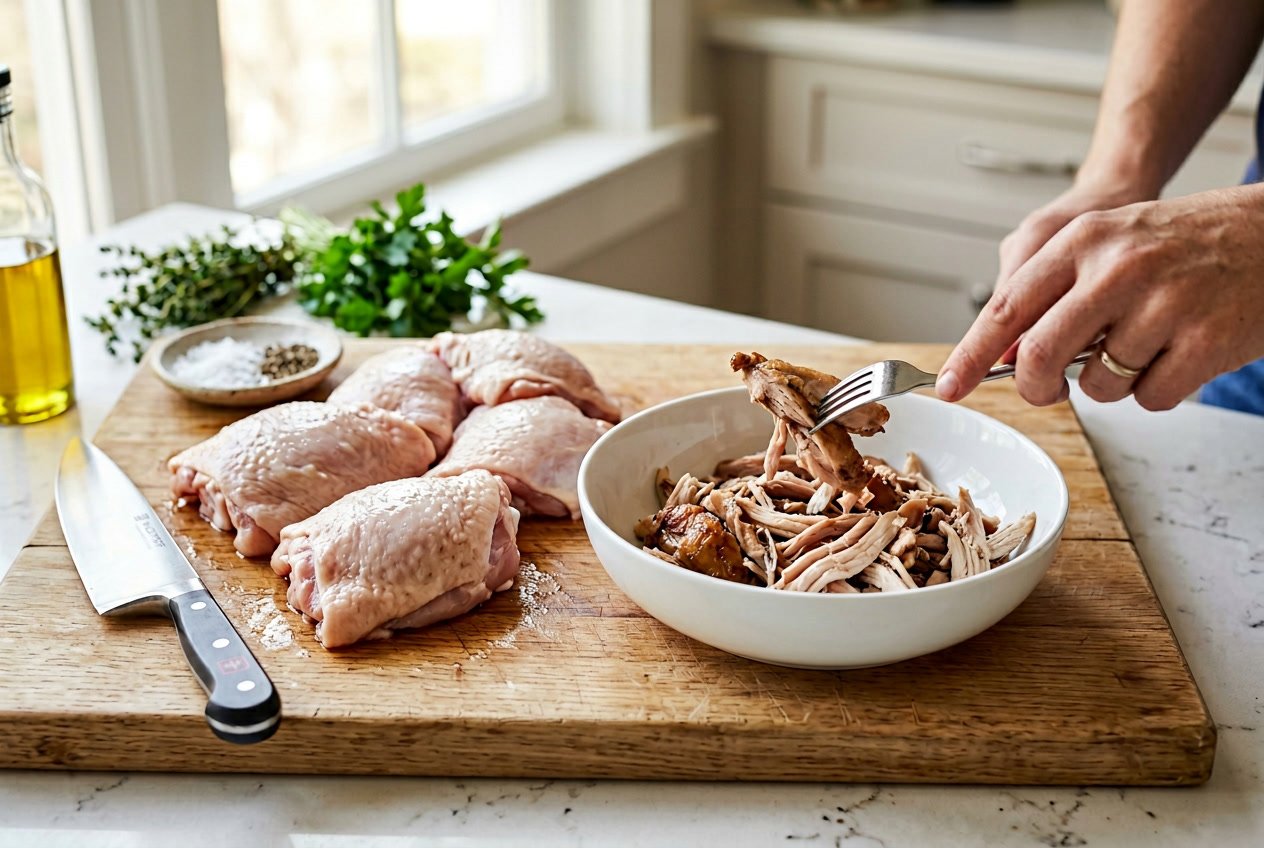 Hands shredding cooked chicken thighs into thin strips over a bowl with raw chicken thighs on a cutting board nearby.