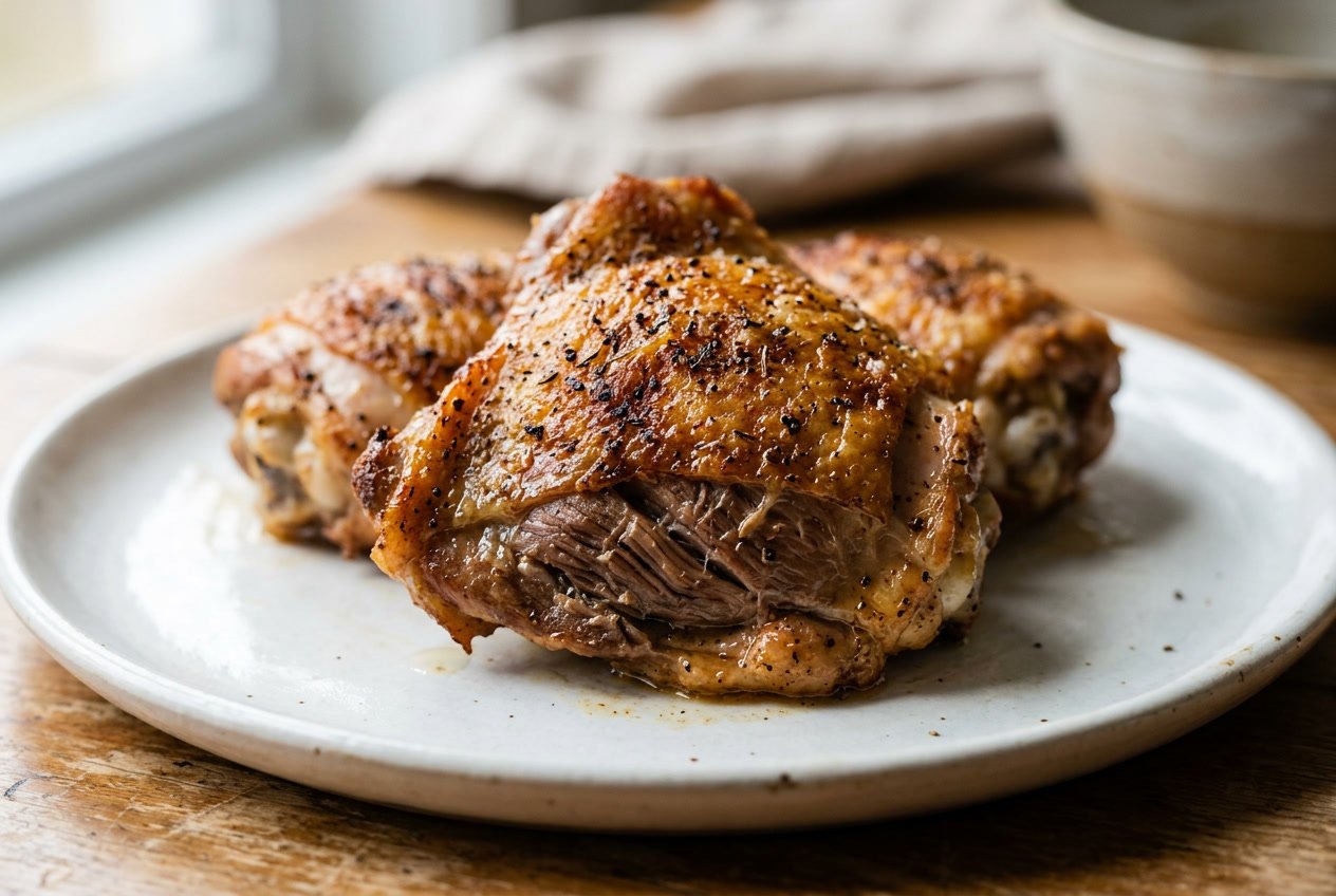 Close-up of cooked chicken thighs on a white plate showing detailed texture of the meat.