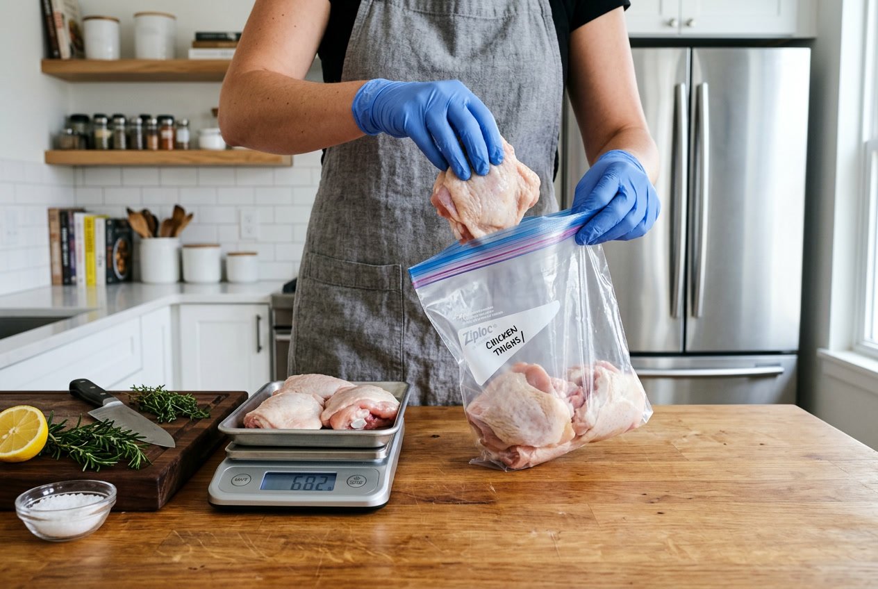 Hands placing raw chicken thighs into a clear freezer bag in a kitchen.