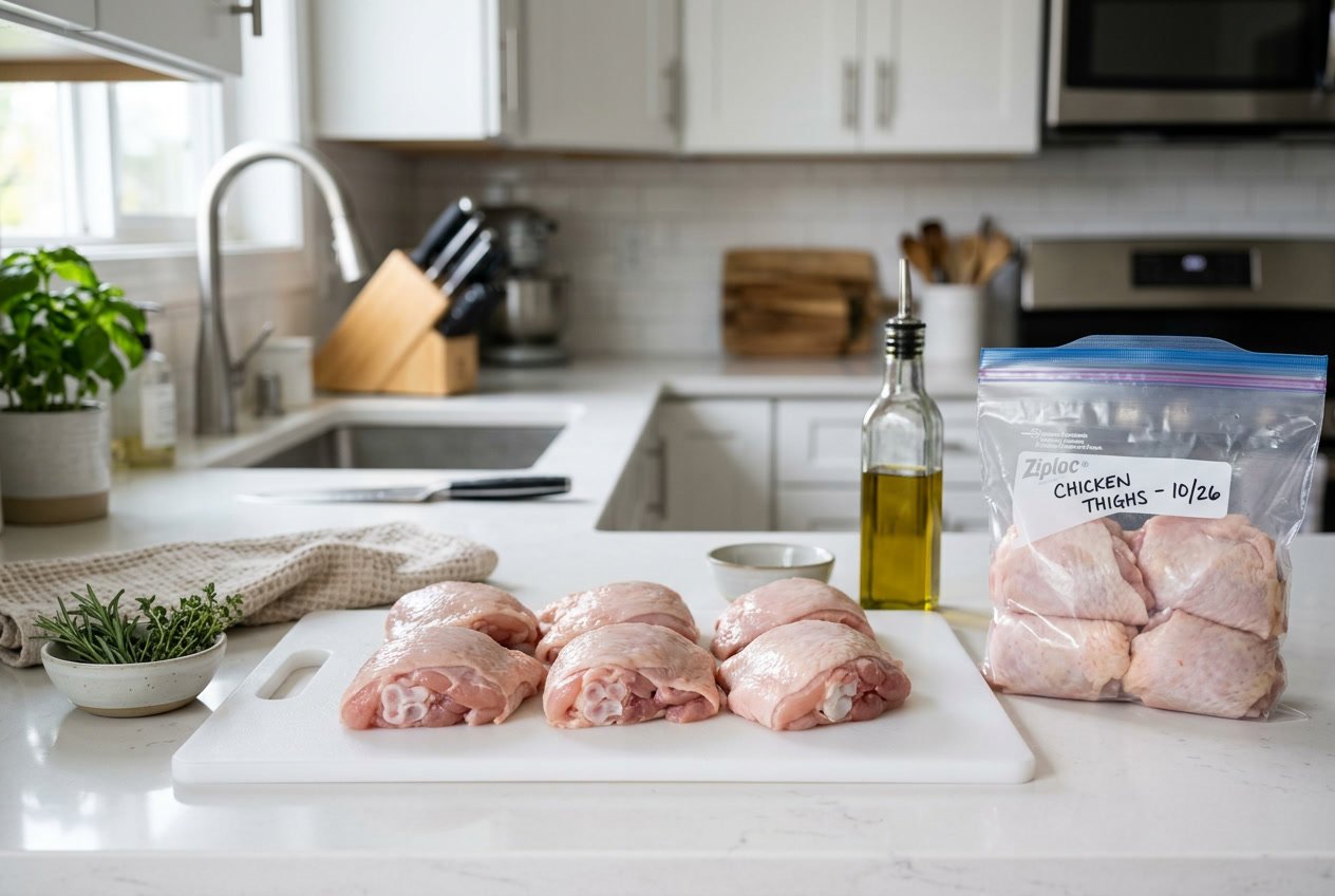 Raw chicken thighs on a cutting board next to a freezer bag and kitchen ingredients in a clean kitchen.