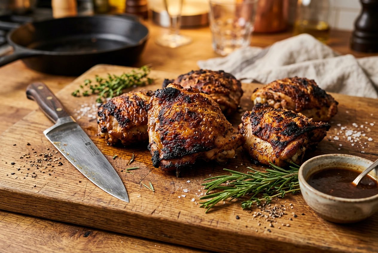 Close-up of cooked chicken thighs on a wooden cutting board with herbs and a knife nearby.