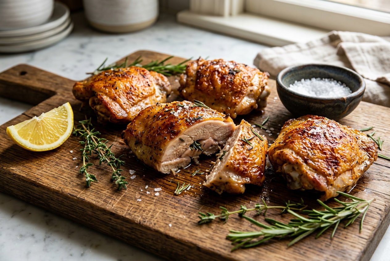 Close-up of golden brown cooked chicken thighs on a wooden cutting board with fresh herbs and a lemon wedge.