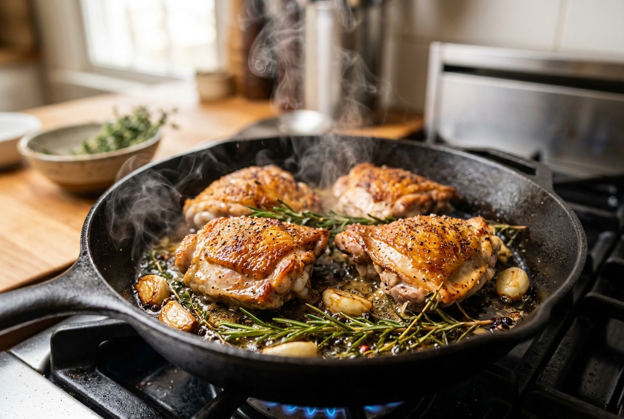 Close-up of chicken thighs cooking in a skillet with herbs and steam rising.