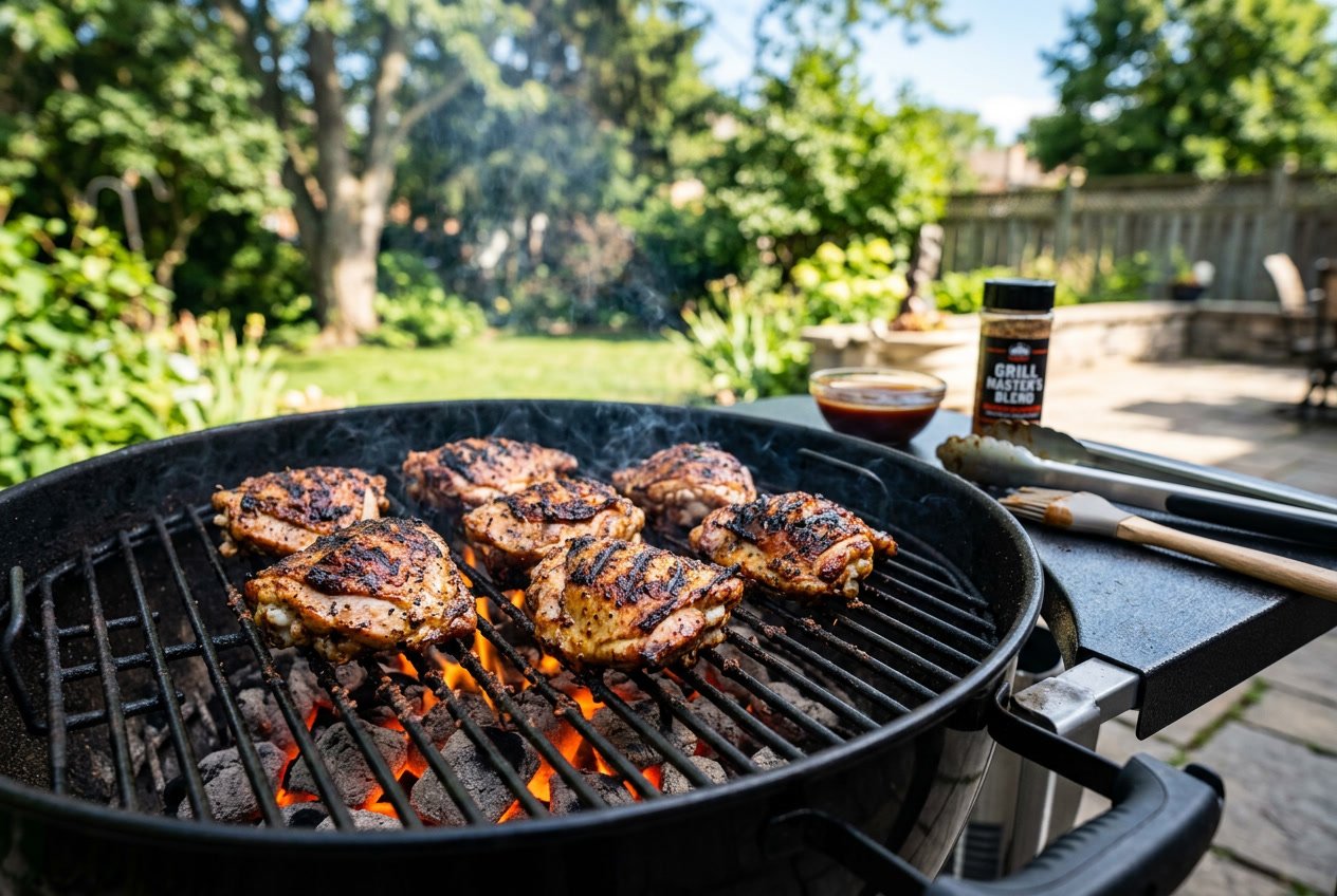 Close-up of chicken thighs grilling on a charcoal barbecue outdoors with smoke rising.