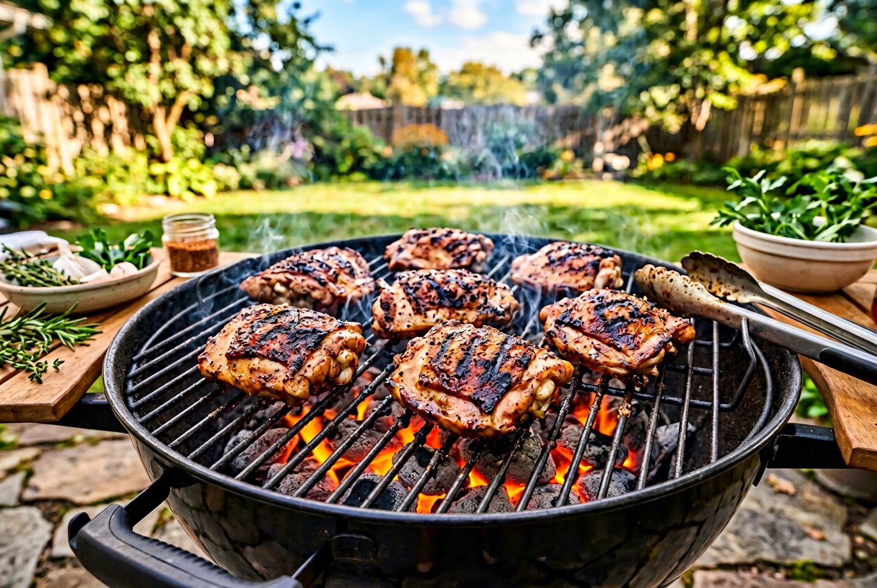 Close-up of chicken thighs cooking on a barbecue grill outdoors with visible grill marks and glowing charcoal beneath.