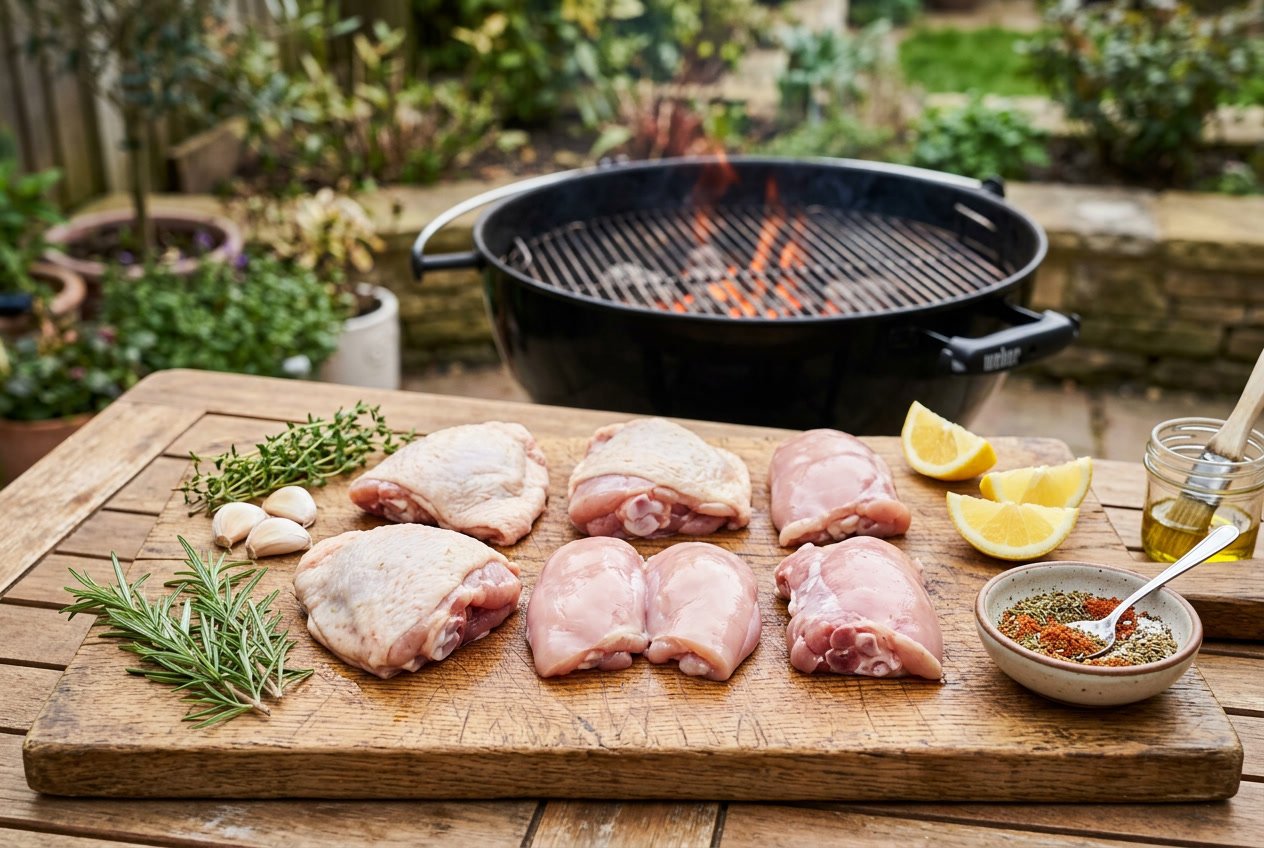 A selection of raw chicken thighs on a wooden board with herbs, garlic, and lemon, next to a grill ready for cooking.