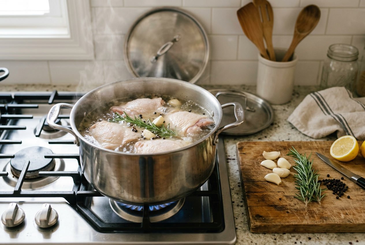 A pot on a stove with chicken thighs boiling in water, surrounded by fresh cooking ingredients on a kitchen counter.