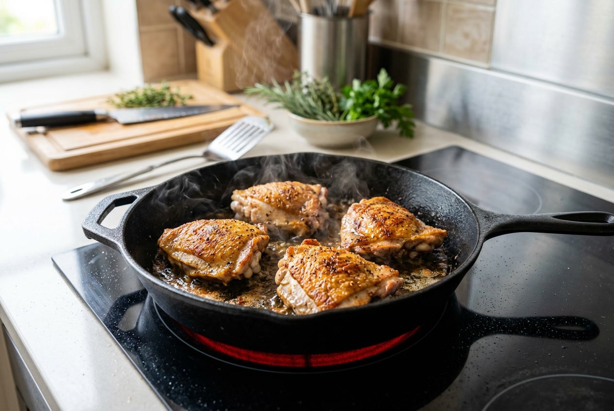 Chicken thighs cooking in a skillet on a stove with steam rising.