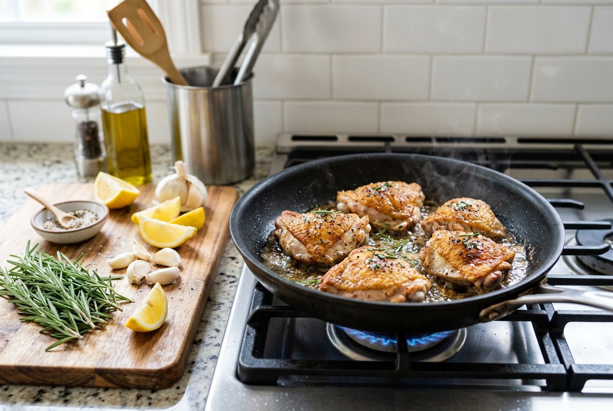 Chicken thighs cooking in a skillet on a stove with fresh herbs and lemon on a kitchen countertop.
