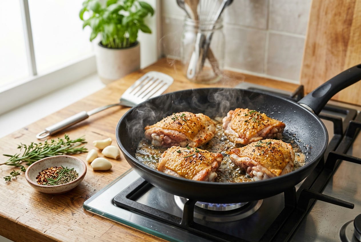 Close-up of chicken thighs cooking in a frying pan on a stove with fresh herbs and spices nearby.