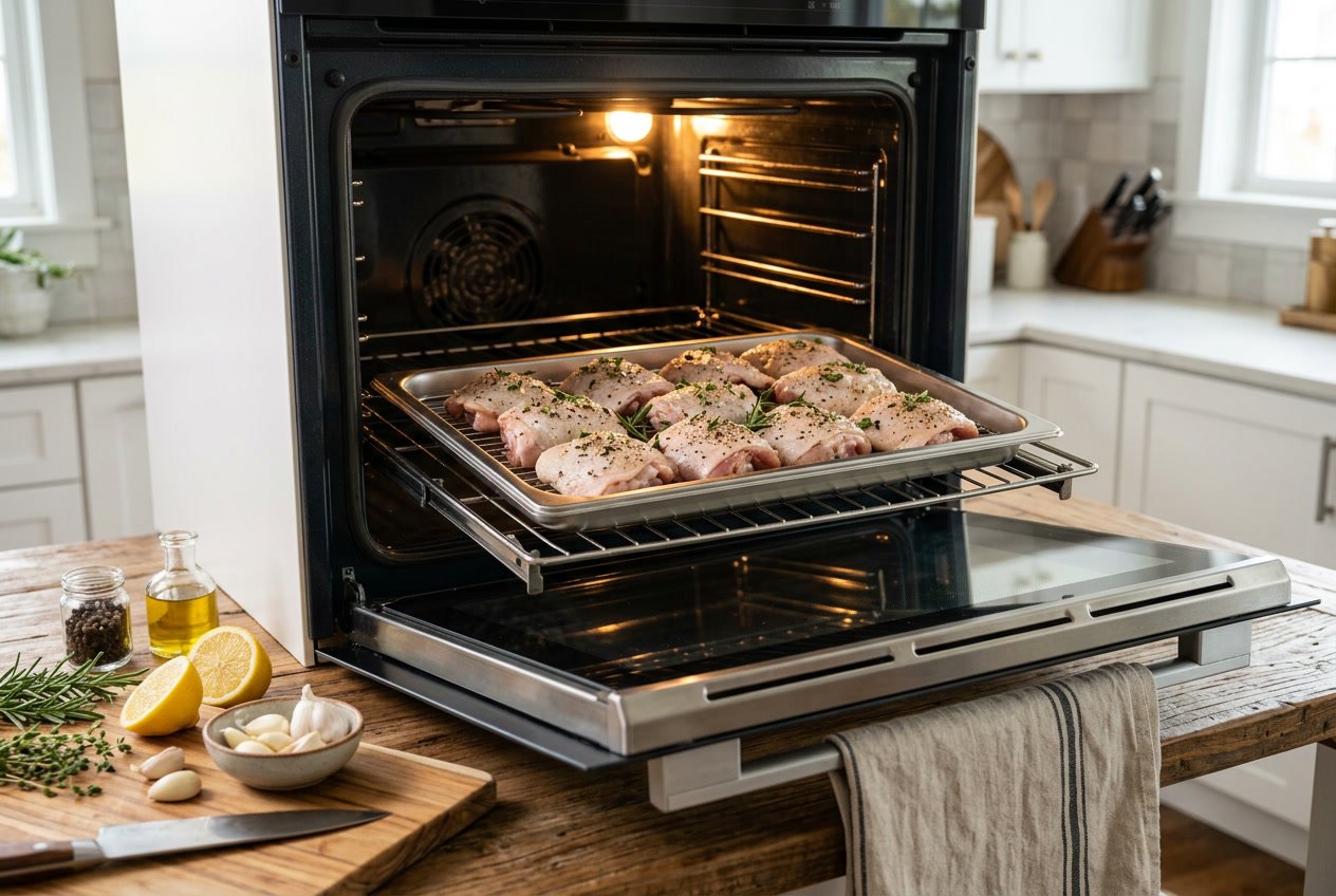 Raw chicken thighs seasoned with herbs in an oven tray inside an open oven, ready to be cooked.