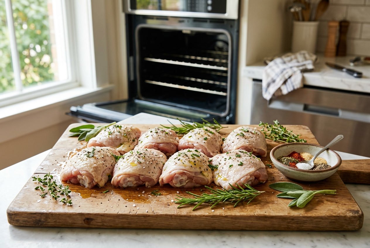 Raw chicken thighs on a wooden cutting board with fresh herbs and seasonings in a kitchen near an open oven.