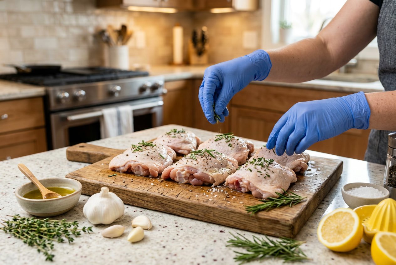 Hands seasoning raw chicken thighs on a cutting board with herbs and spices in a kitchen.