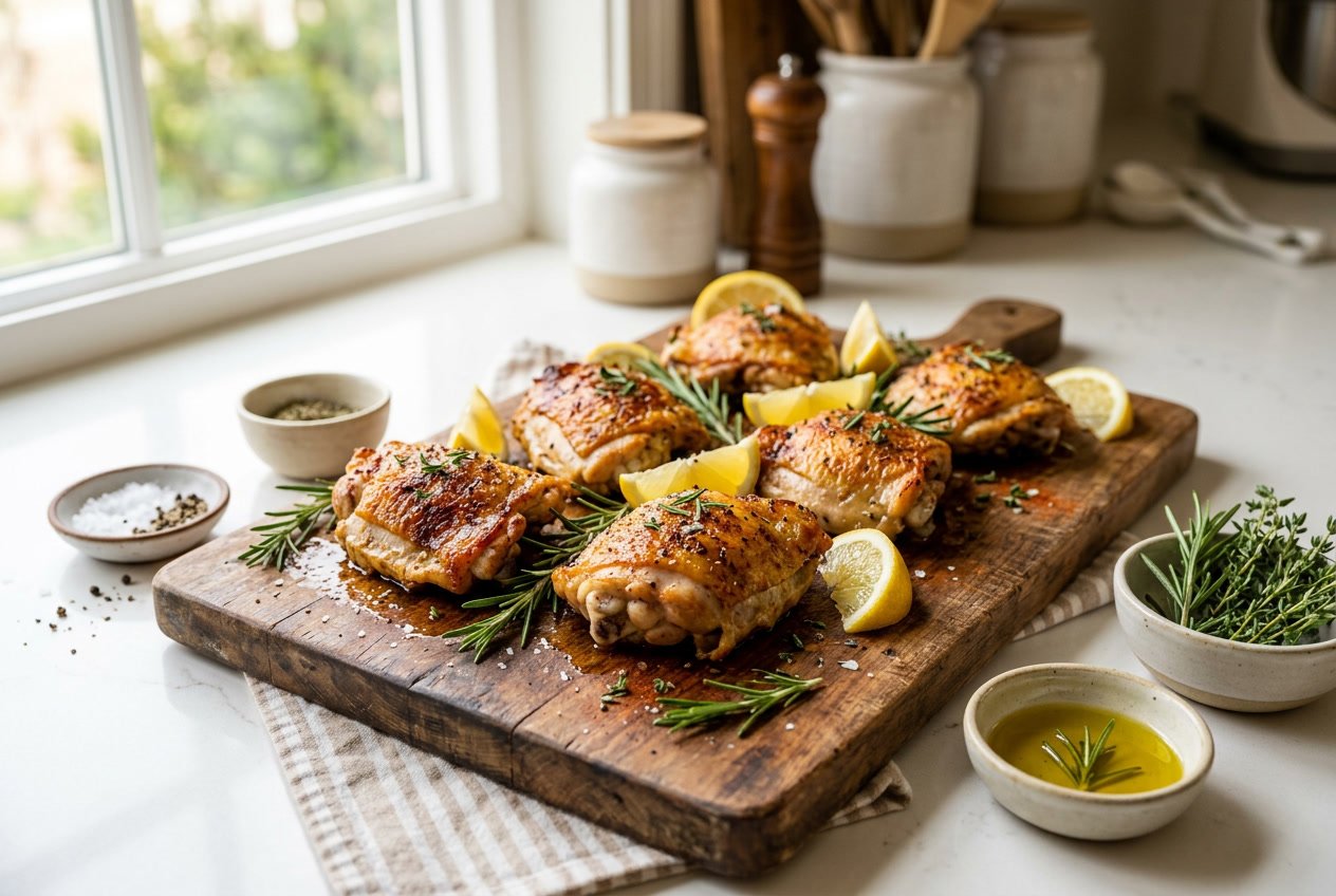 Golden-brown baked chicken thighs on a wooden cutting board garnished with rosemary and lemon wedges.