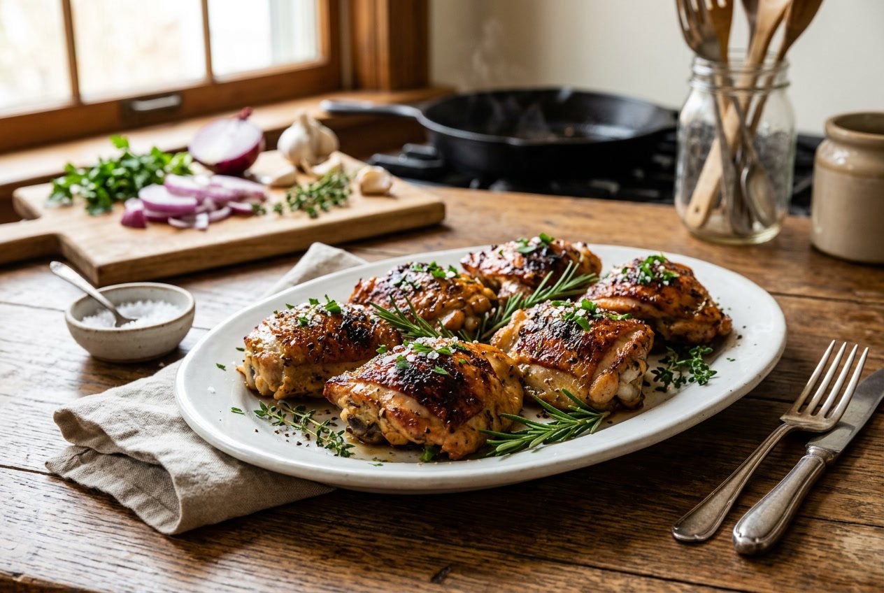A plate of golden baked chicken thighs garnished with fresh herbs on a wooden table in a kitchen setting.