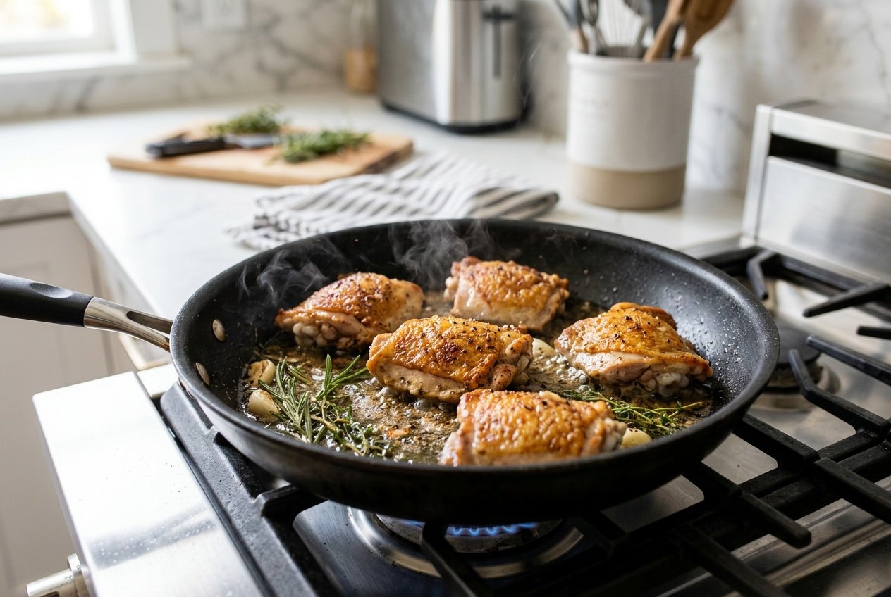 Chicken thighs cooking in a frying pan on a stovetop with steam rising.
