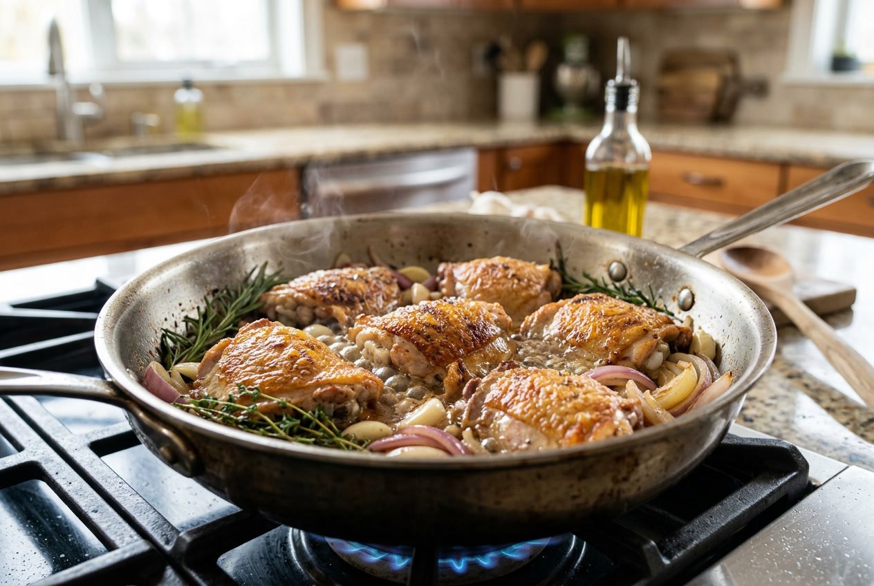 Close-up of chicken thighs cooking in a pan with herbs and garlic on a stovetop in a kitchen.
