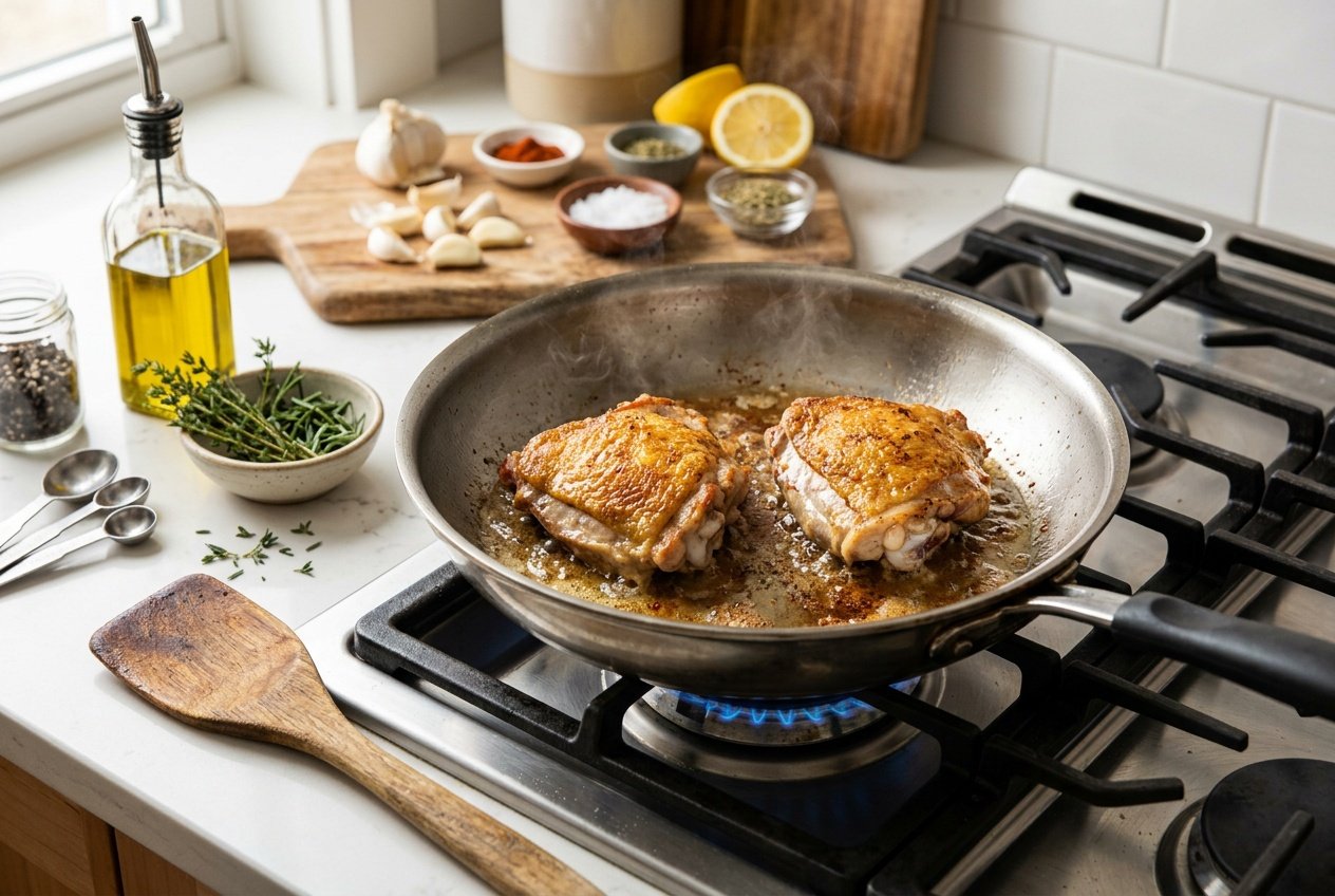 Close-up of chicken thighs cooking in a pan on a stovetop with cooking utensils and fresh ingredients nearby.