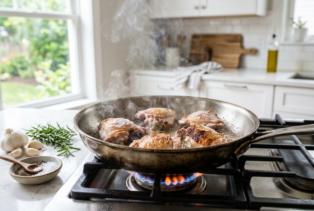 Raw chicken thighs cooking from frozen in a skillet on a stove with fresh herbs and seasonings nearby.