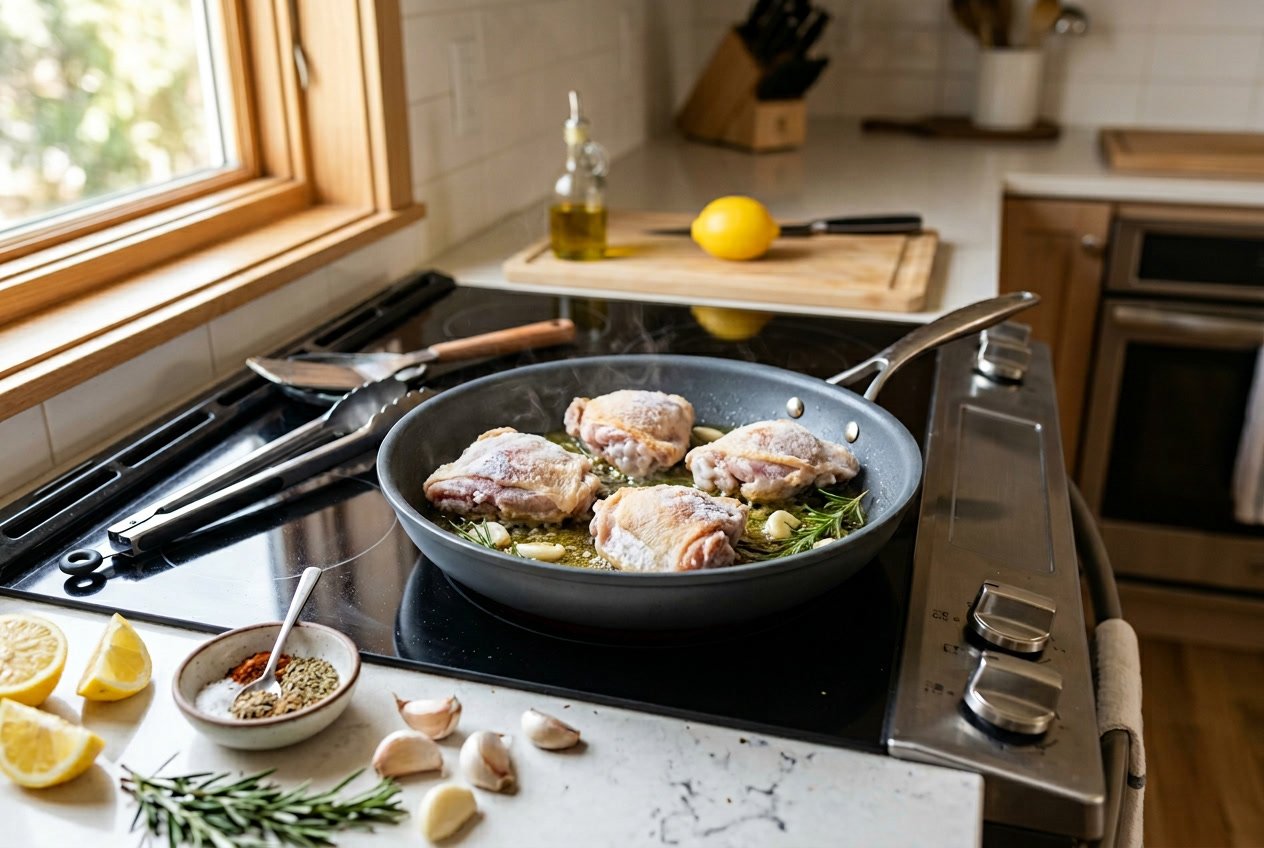 Frozen chicken thighs cooking in a skillet on a stovetop with fresh herbs and lemon on the kitchen counter.