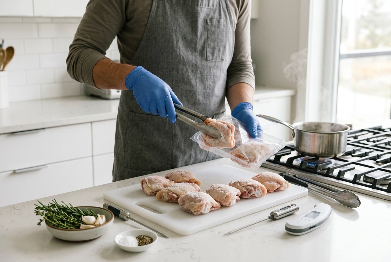 A person wearing gloves handling frozen chicken thighs on a cutting board in a clean kitchen with cooking tools nearby.