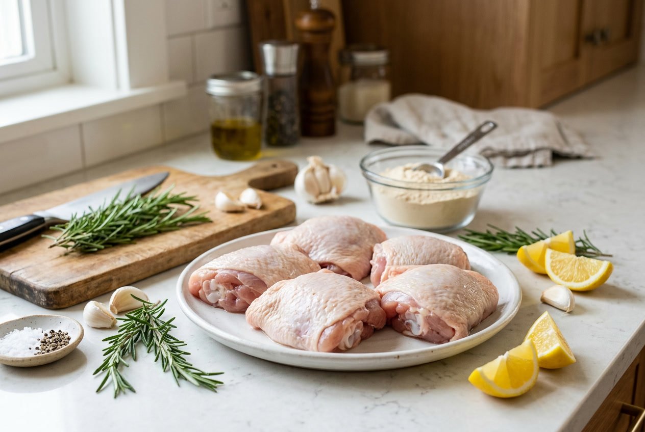 Close-up of raw chicken thighs on a white plate with fresh herbs, garlic, and lemon on a kitchen countertop.