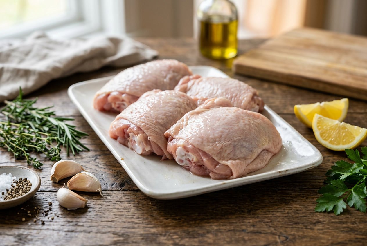 Close-up of raw chicken thighs on a white plate with rosemary, garlic, and lemon on a wooden table.