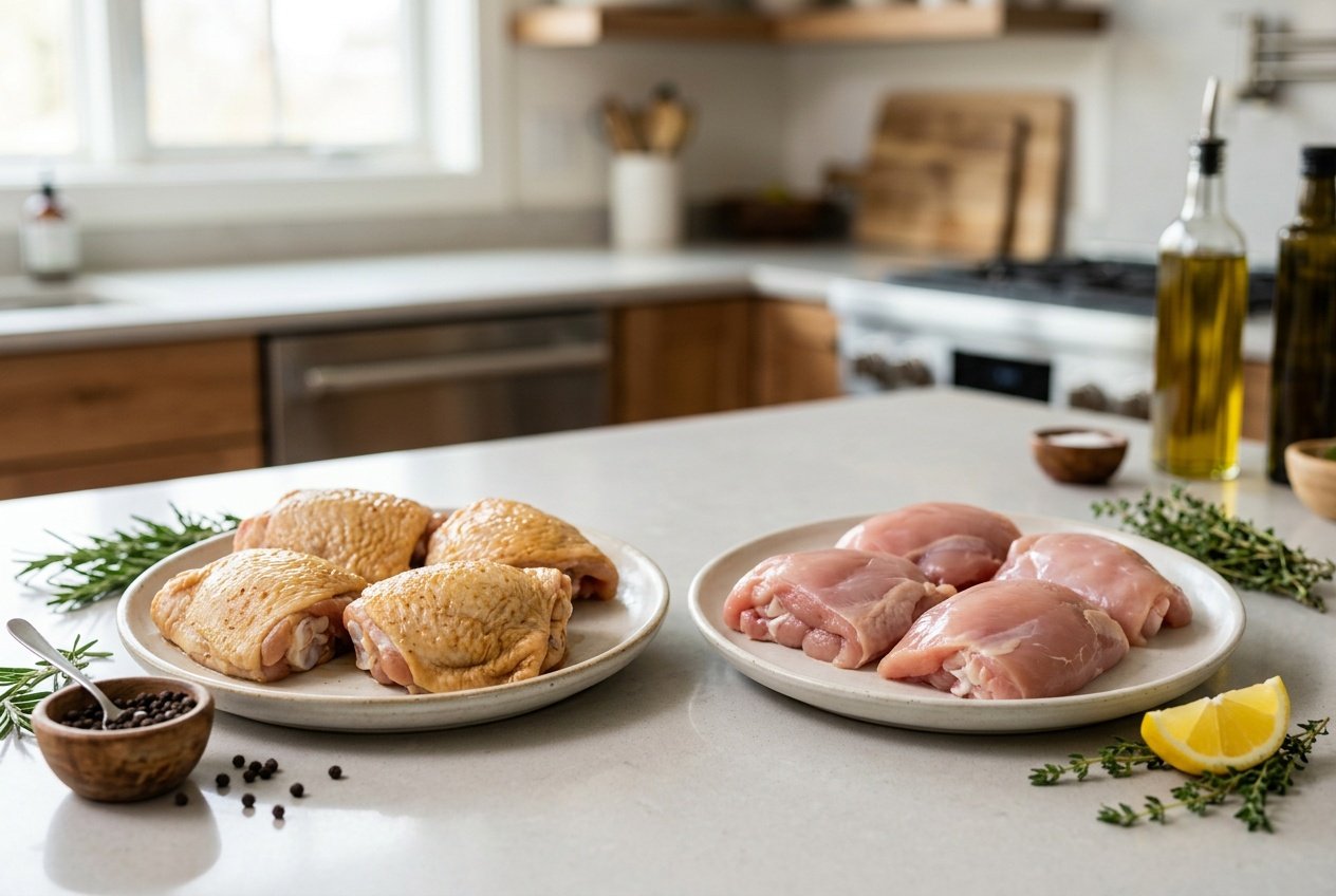 Two plates on a kitchen countertop, one with raw skin-on chicken thighs and the other with raw skinless chicken thighs, surrounded by fresh herbs and lemon.