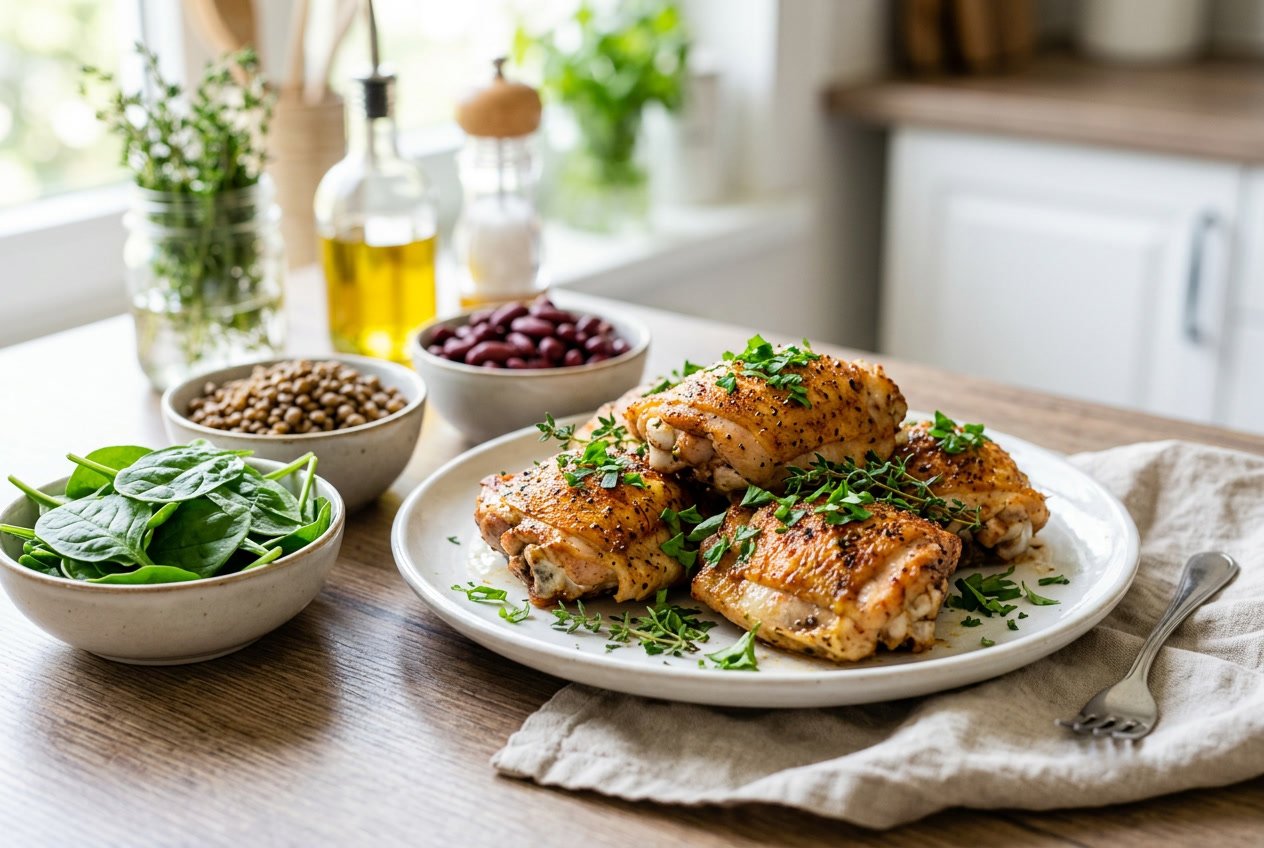 Close-up of cooked chicken thighs on a white plate garnished with fresh herbs, surrounded by bowls of spinach, lentils, and red kidney beans on a kitchen countertop.