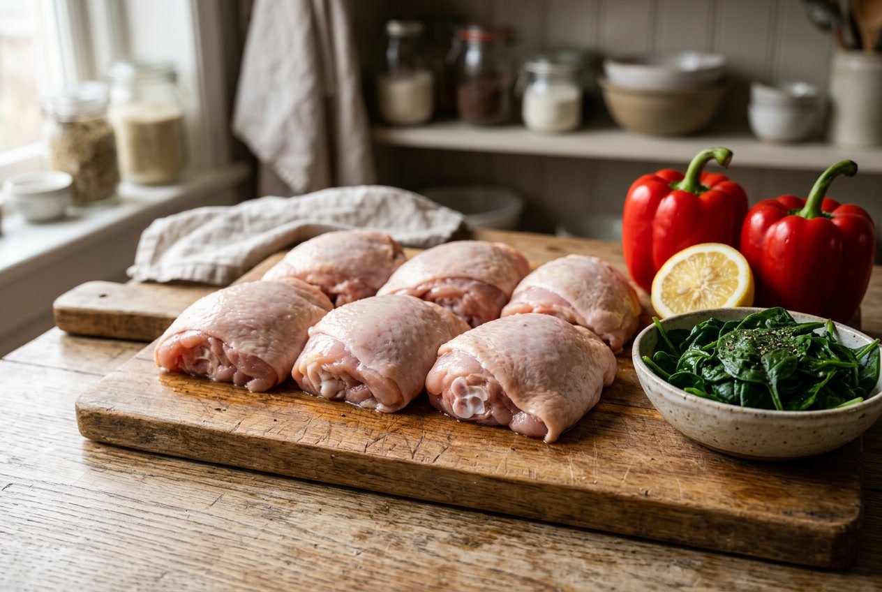Raw chicken thighs on a wooden cutting board surrounded by spinach, red bell peppers, and a halved lemon.