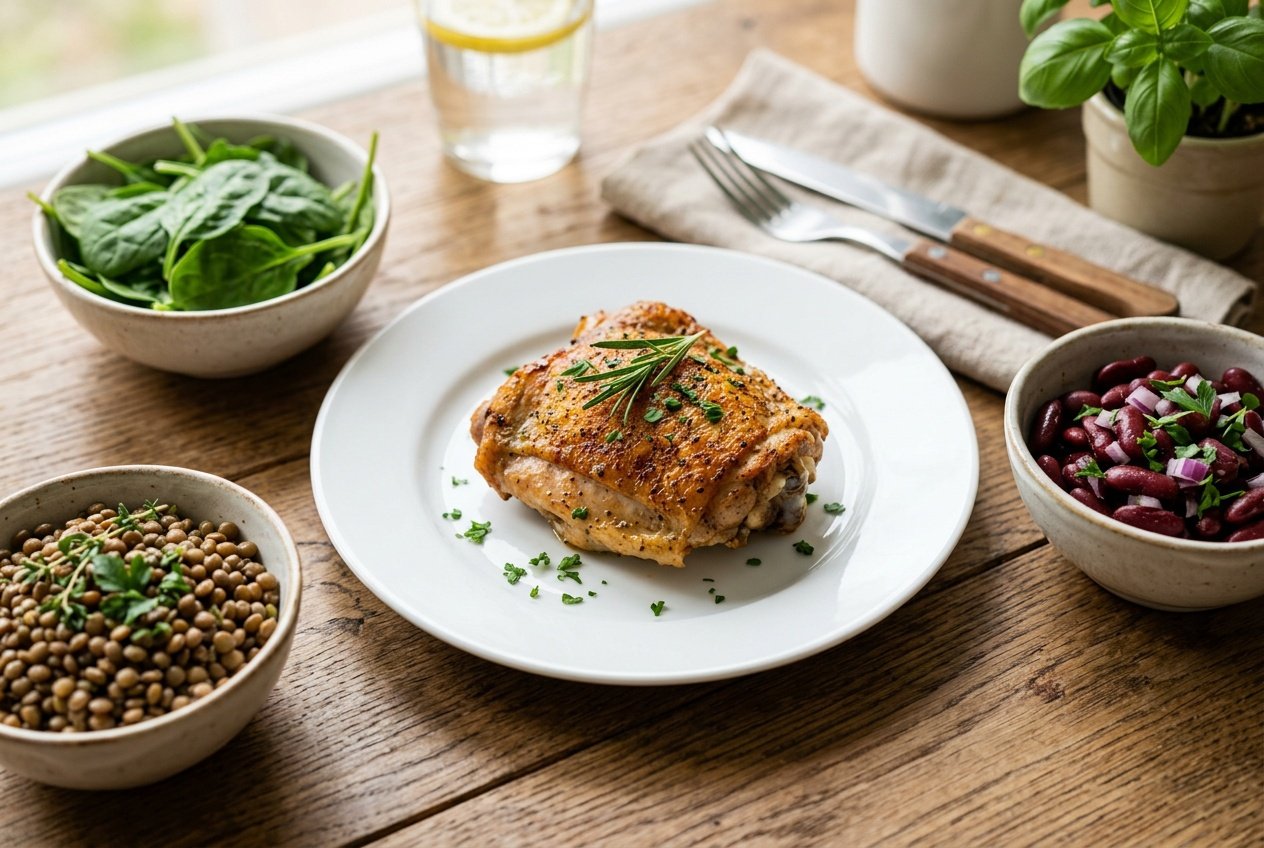 A cooked chicken thigh on a white plate garnished with herbs, surrounded by bowls of spinach, lentils, and red beans on a wooden table.