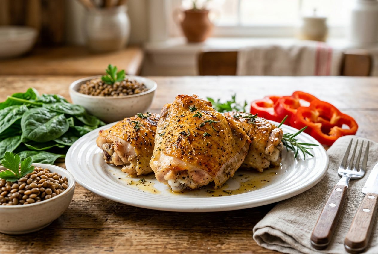 Close-up of cooked chicken thighs on a white plate with fresh spinach, red bell peppers, and lentils around them.