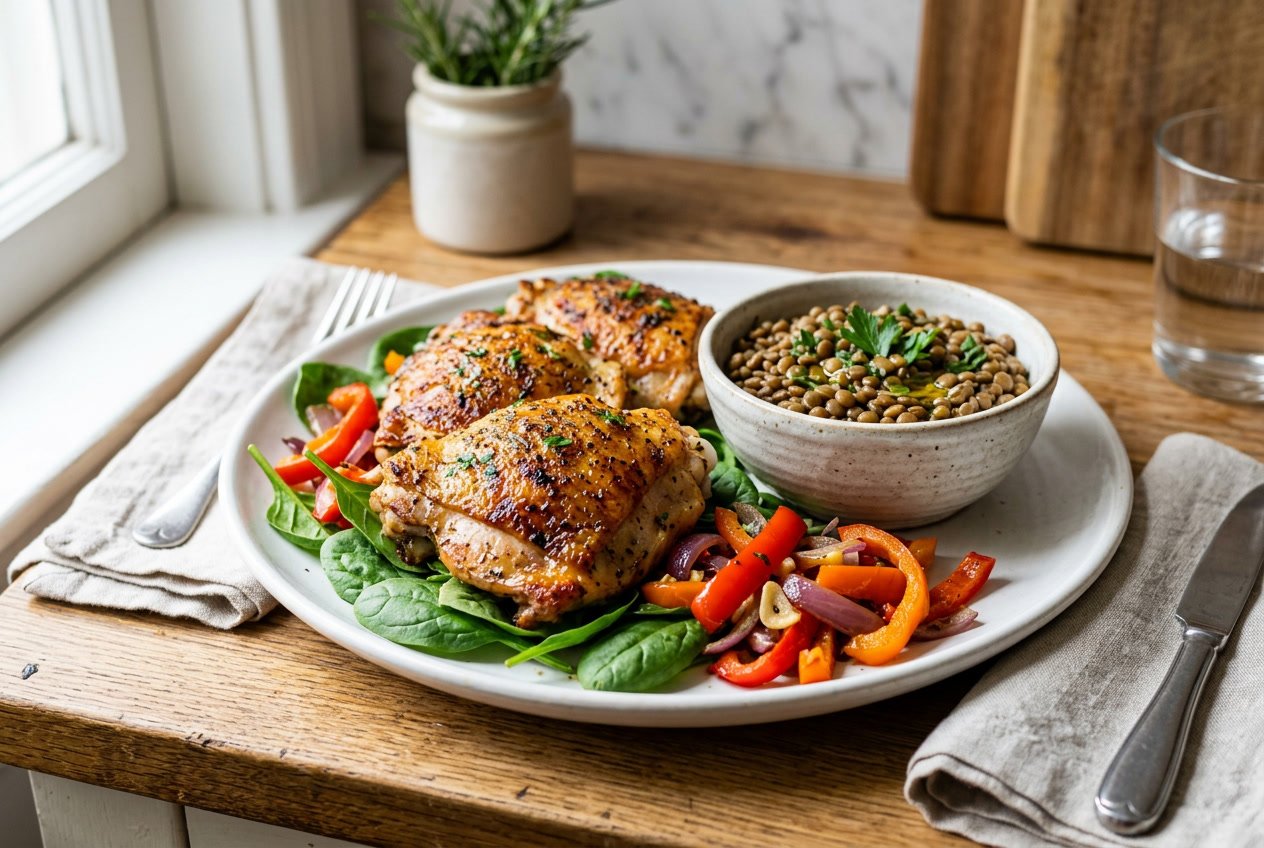 Close-up of cooked chicken thighs on a white plate with fresh spinach, red bell peppers, and lentils in a kitchen setting.