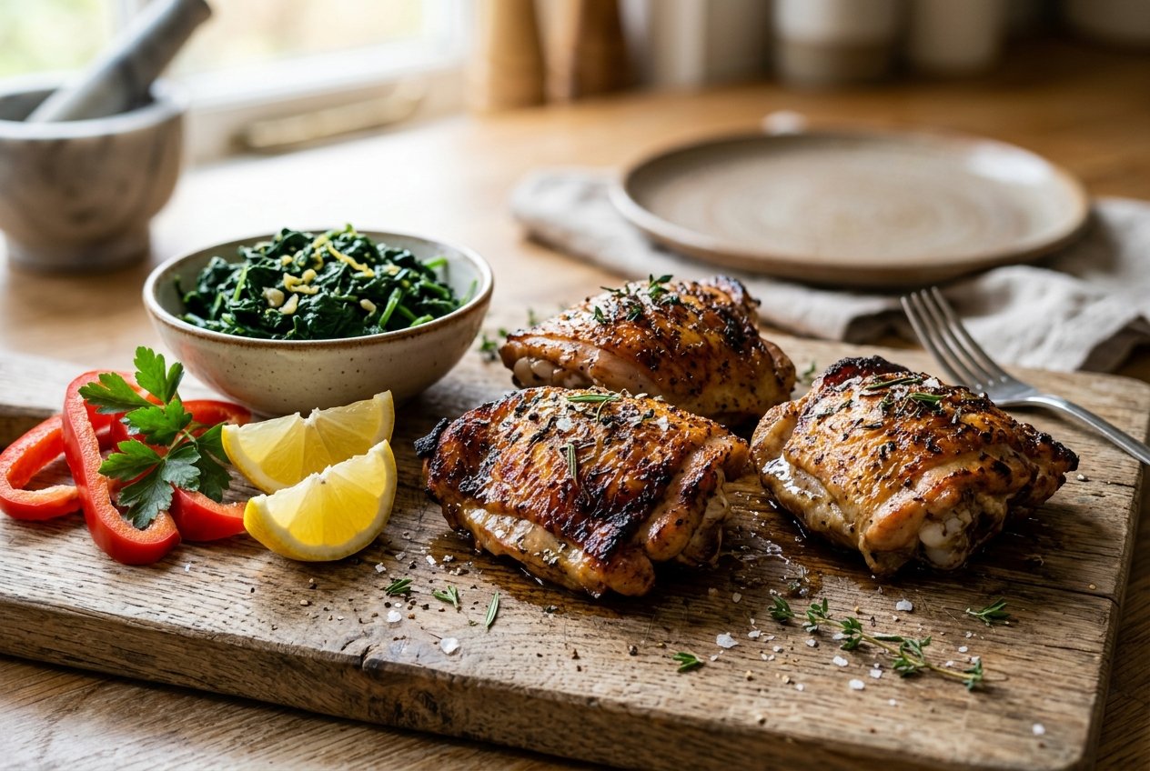 Close-up of cooked chicken thighs on a wooden cutting board with spinach, red bell pepper slices, and lemon wedges nearby.
