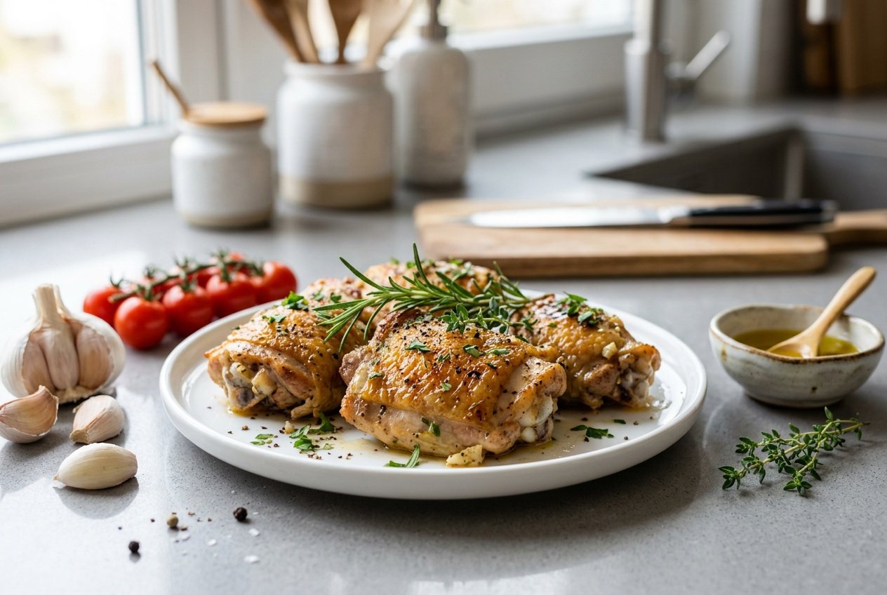 Close-up of cooked chicken thighs on a white plate garnished with herbs on a kitchen countertop with fresh ingredients nearby.