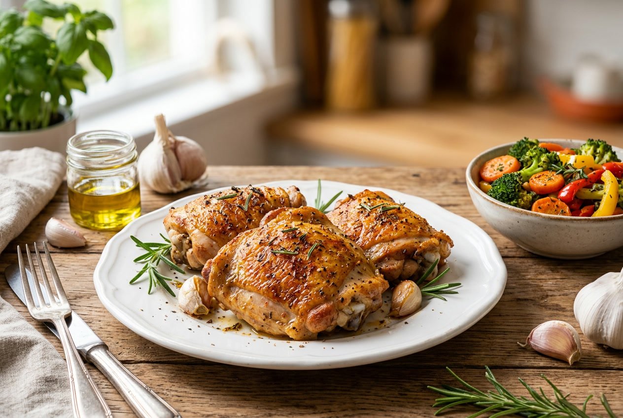 Close-up of cooked chicken thighs on a white plate with fresh vegetables and herbs around it.