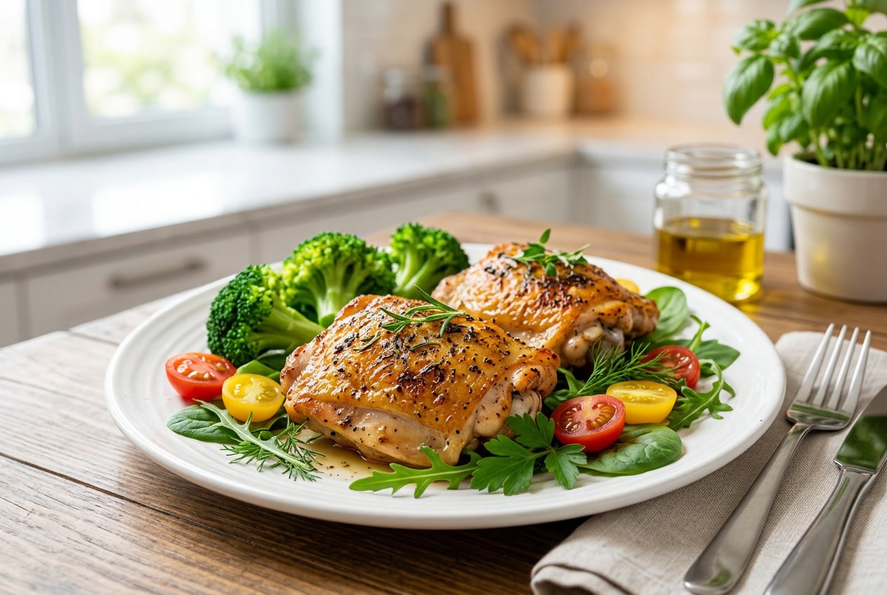 Cooked chicken thighs on a white plate with fresh vegetables on a kitchen table.