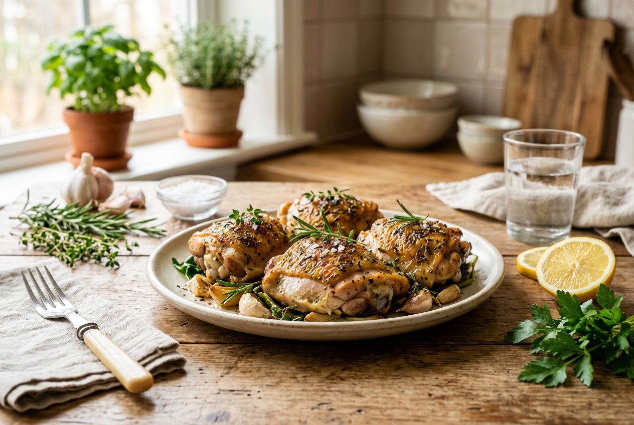 A plate of cooked chicken thighs on a wooden table with fresh herbs and lemon slices nearby.