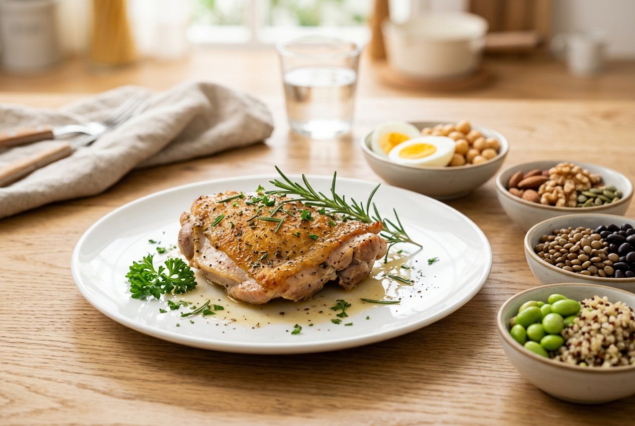 A cooked chicken thigh on a white plate garnished with fresh herbs, surrounded by bowls of protein-rich foods.